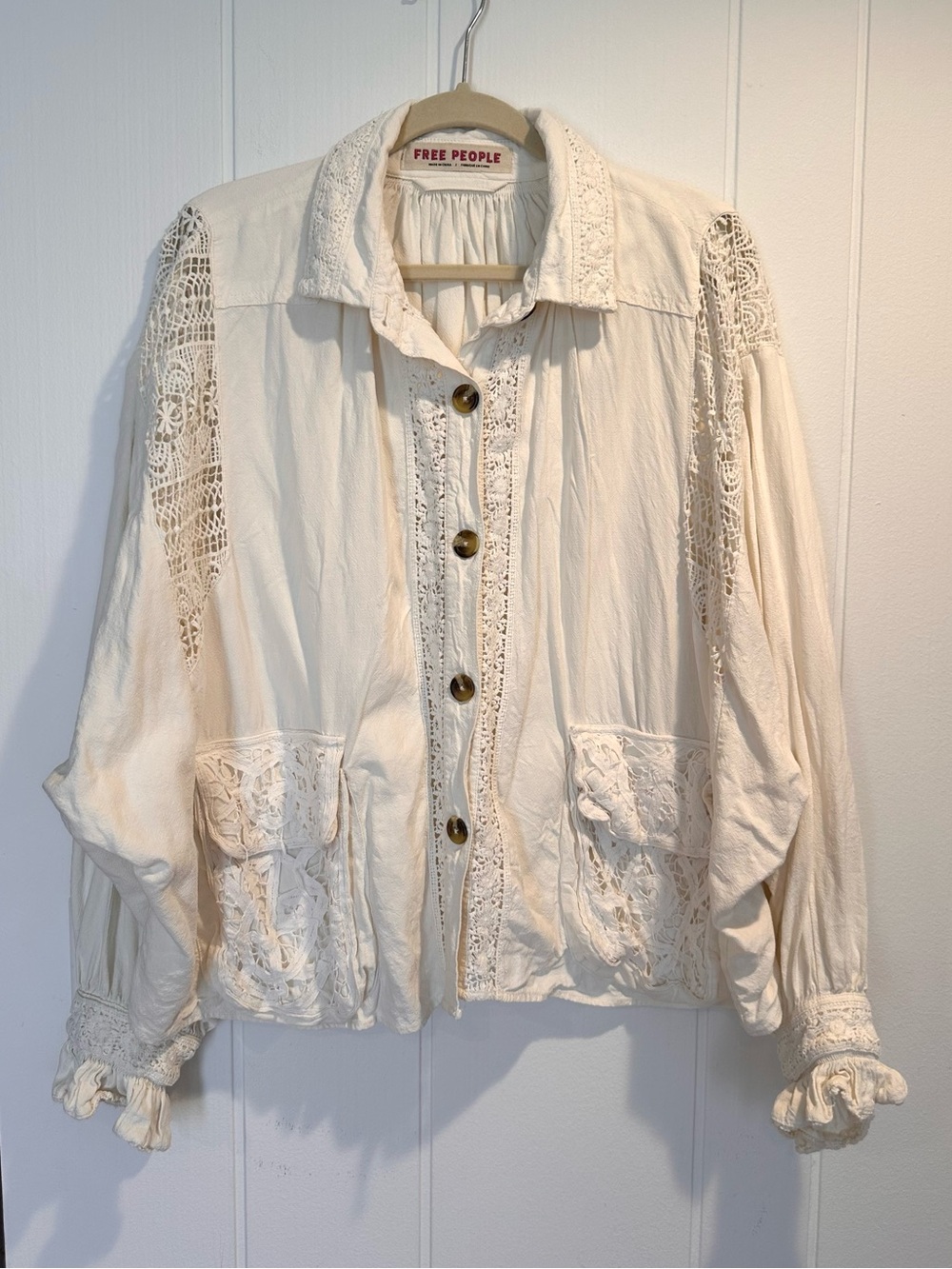 Free People Cream Linen Crochet Lightweight Oversized Shirt Jacket - Like N